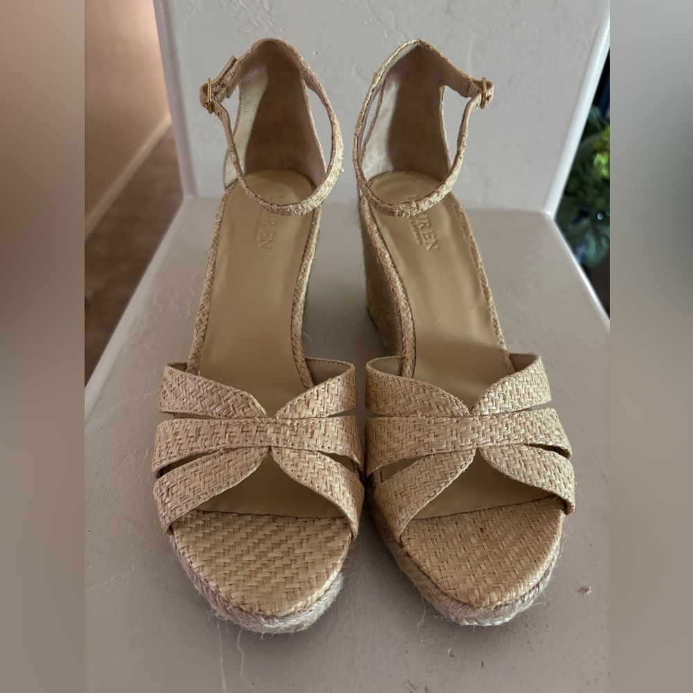 Ralph Lauren Natural Woven Ankle Strap Wedge Sandals Nelia Raffia Espadrille 7.5